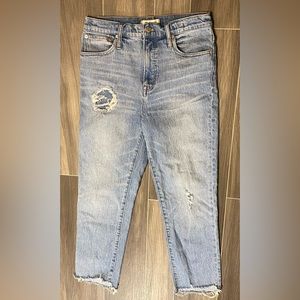 27 Madewell Denim Classic Straight Jeans Light Blue Wash Thigh Rip Distressed